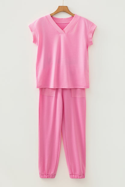 Bonbon Solid Color V Neck Tee Drawstring Pant Set