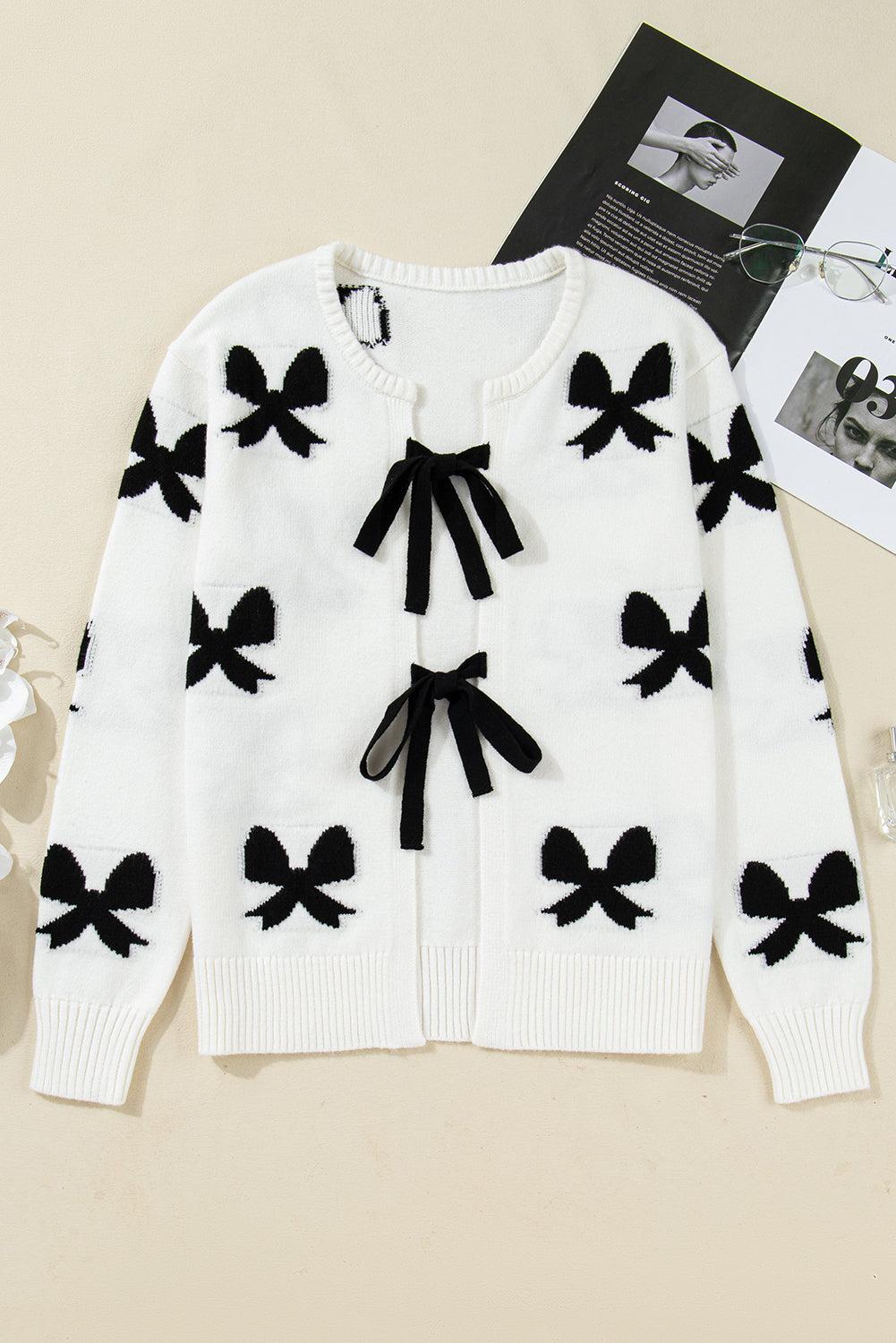 White Lace-up Bow Pattern Sweater Cardigan