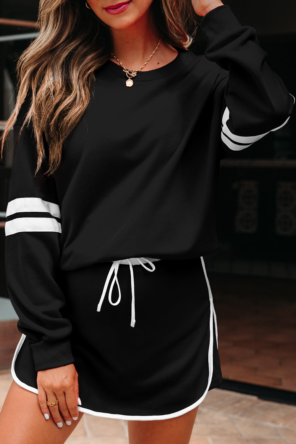 Evergreen Varsity Stripe Detail Drop Shoulder Pullover Mini Skirt Set