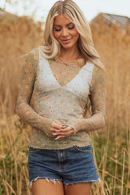Laurel Green Vintage Floral Print Southern Style Mesh Long Sleeve Top