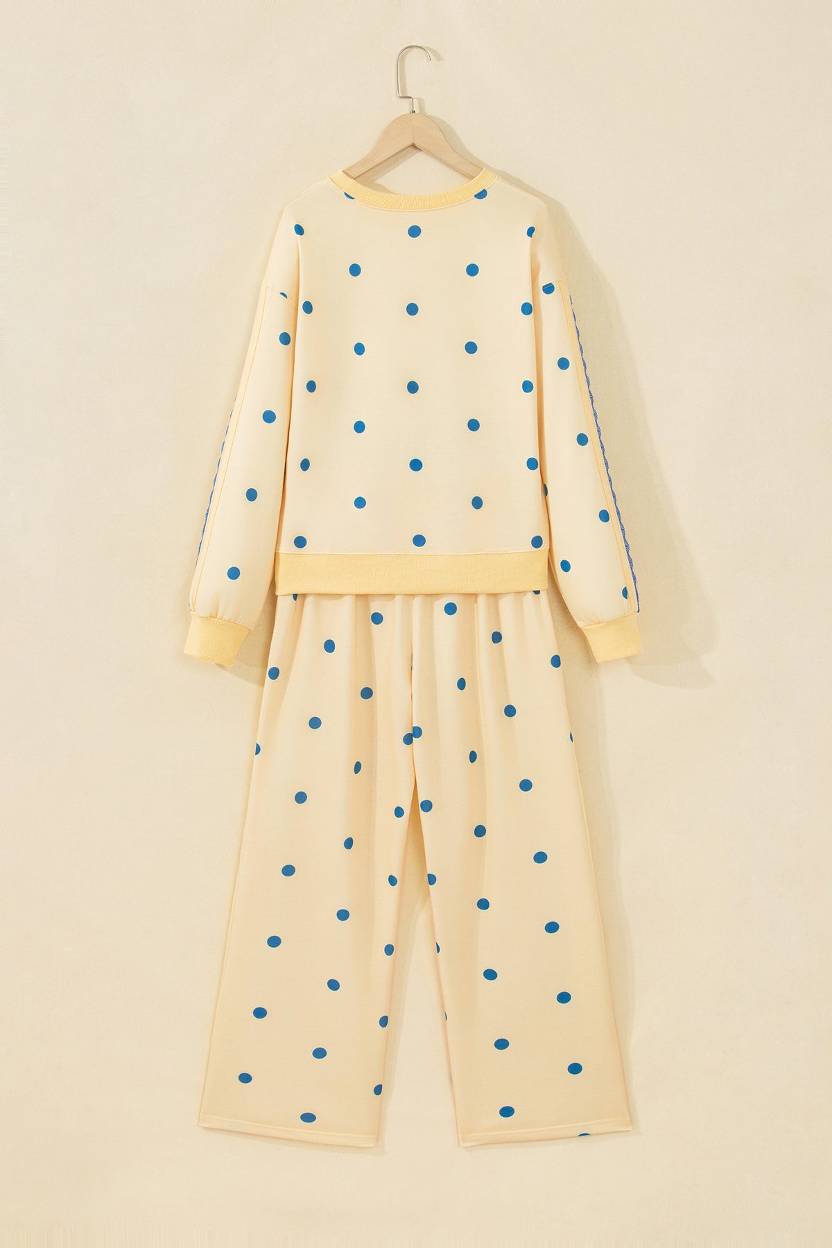 Yellow Polka Dot Long Sleeve Top Patchwork Detail Loose Pant Set