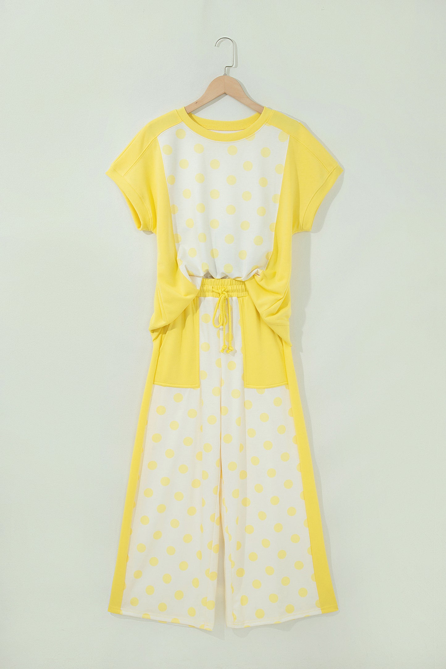Yellow Color Block Patchwork Polka Dot Wide Leg Pant Set