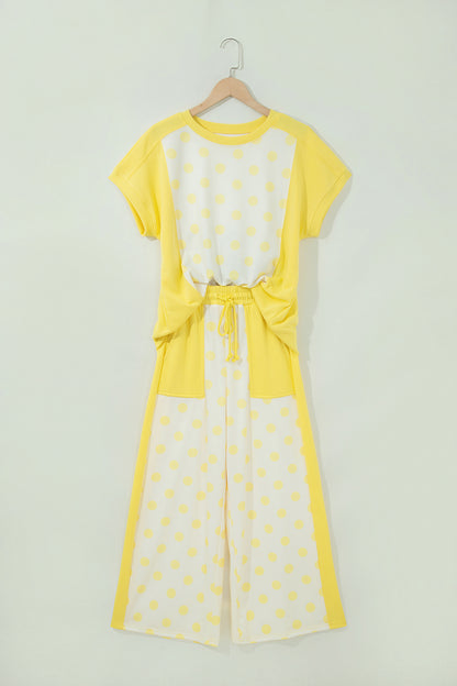 Yellow Color Block Patchwork Polka Dot Wide Leg Pant Set