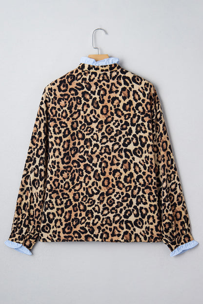 Brown Wild Leopard Print Contrast Striped Frilled Trim Chic Shirt