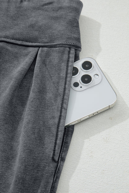 Medium Grey Mineral Wash Jogger Style High Waist Casual Pants