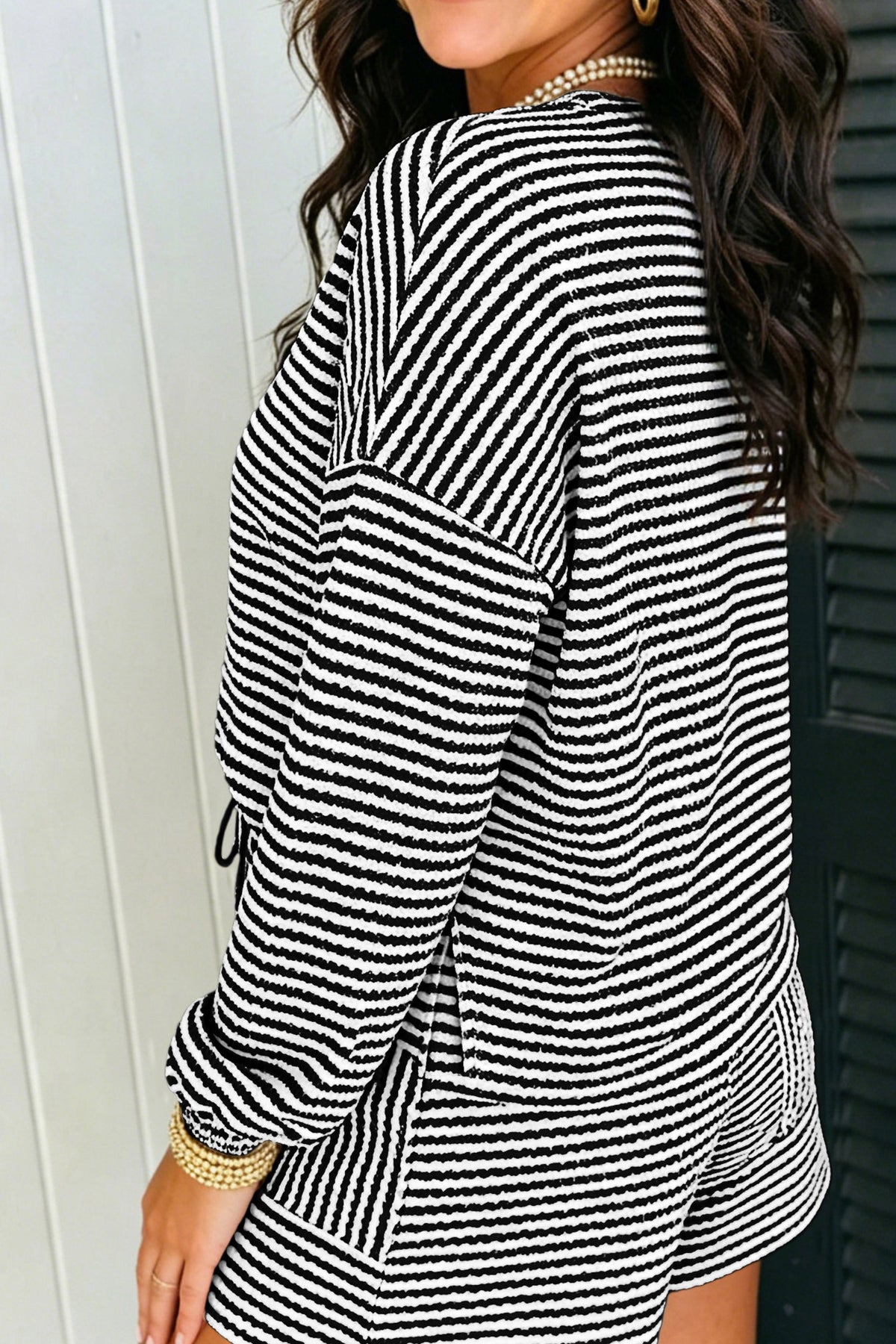 Brown Stripe Textured Knit Long Sleeve Top Elastic Waist Shorts Casual Outfit