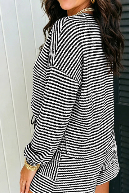 Brown Stripe Textured Knit Long Sleeve Top Elastic Waist Shorts Casual Outfit