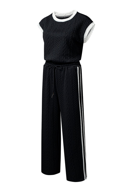 Black Cable Knit Contrast Trim Short Sleeve Top and Pants Set