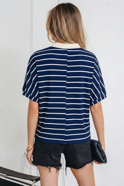 Blue Stripe Stand Collar V Neck Elastic Cuffs Half Sleeve Dolman Top