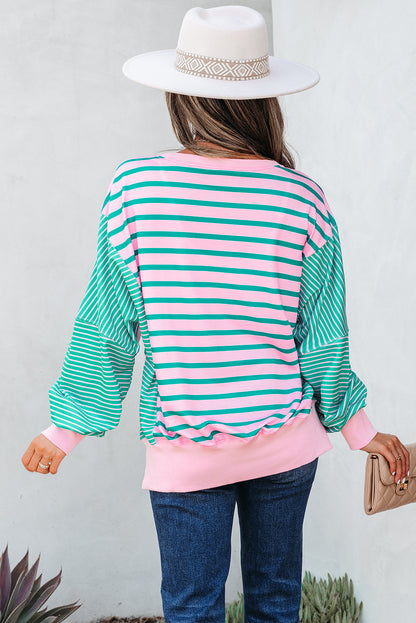 Green Stripe Mix Pattern Color Block Patchwork Side Slit Baggy Sweatshirt