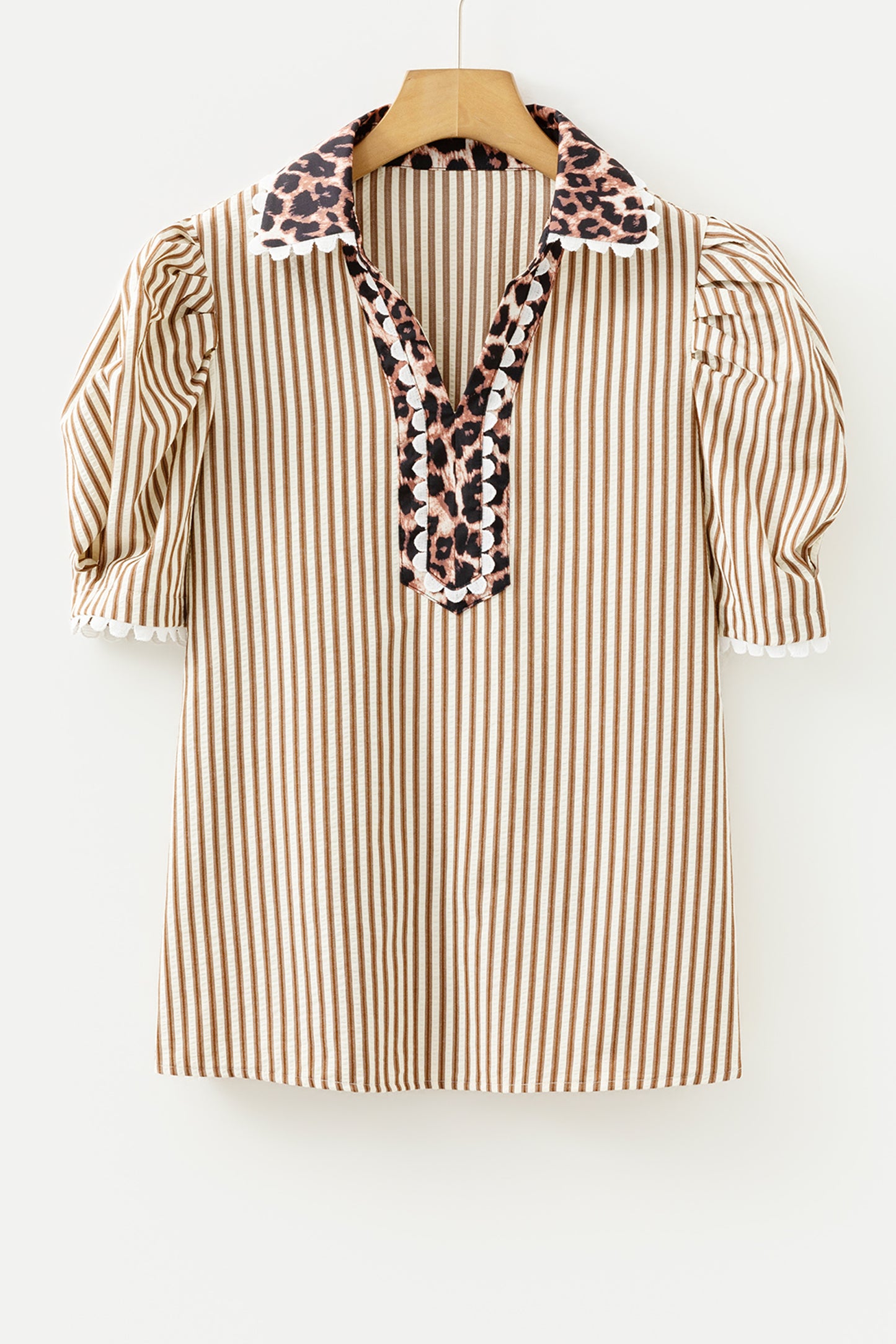 Sky Blue Stripe Ricrac Trim Short Puff Sleeve Leopard Patchwork Collar V Neck Blouse