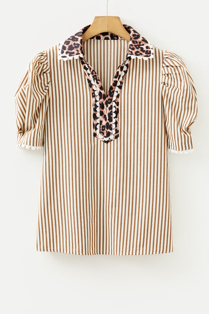 Sky Blue Stripe Ricrac Trim Short Puff Sleeve Leopard Patchwork Collar V Neck Blouse