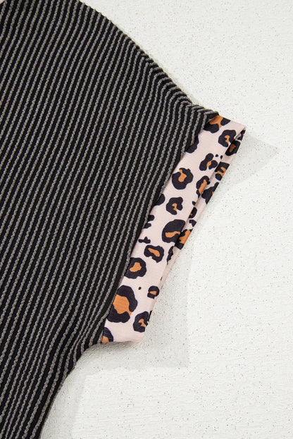 Carbon Grey Leopard Patchwork Edge Twisted Rib T Shirt and Cropped Pants Set