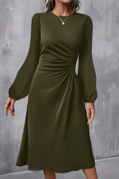 Jungle Green Solid Color Ruched Detail Long Sleeve Midi Dress