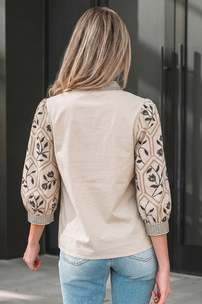 White Floral Puff Sleeve Contrast V Neck Patchwork Blouse