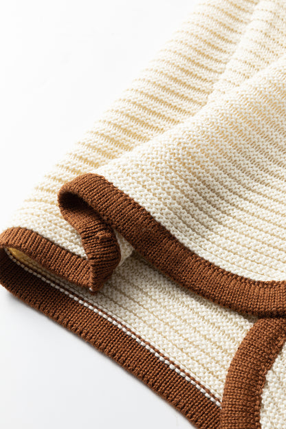 White Horizontal Ribbed Knit Contrast Trim Ties Front Sweater Vest