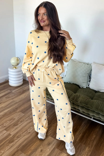 Yellow Polka Dot Long Sleeve Top Patchwork Detail Loose Pant Set
