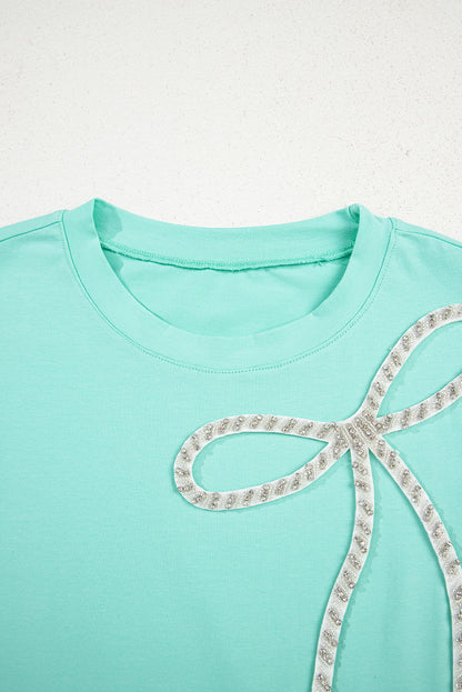 Mint Green Rhinestone Bow Embellished Round Neck Tee