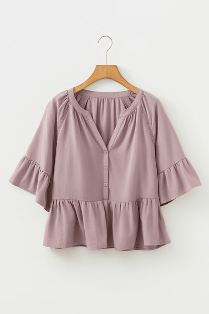 Sepia Rose Slit V Neck Ruffled Loose Blouse