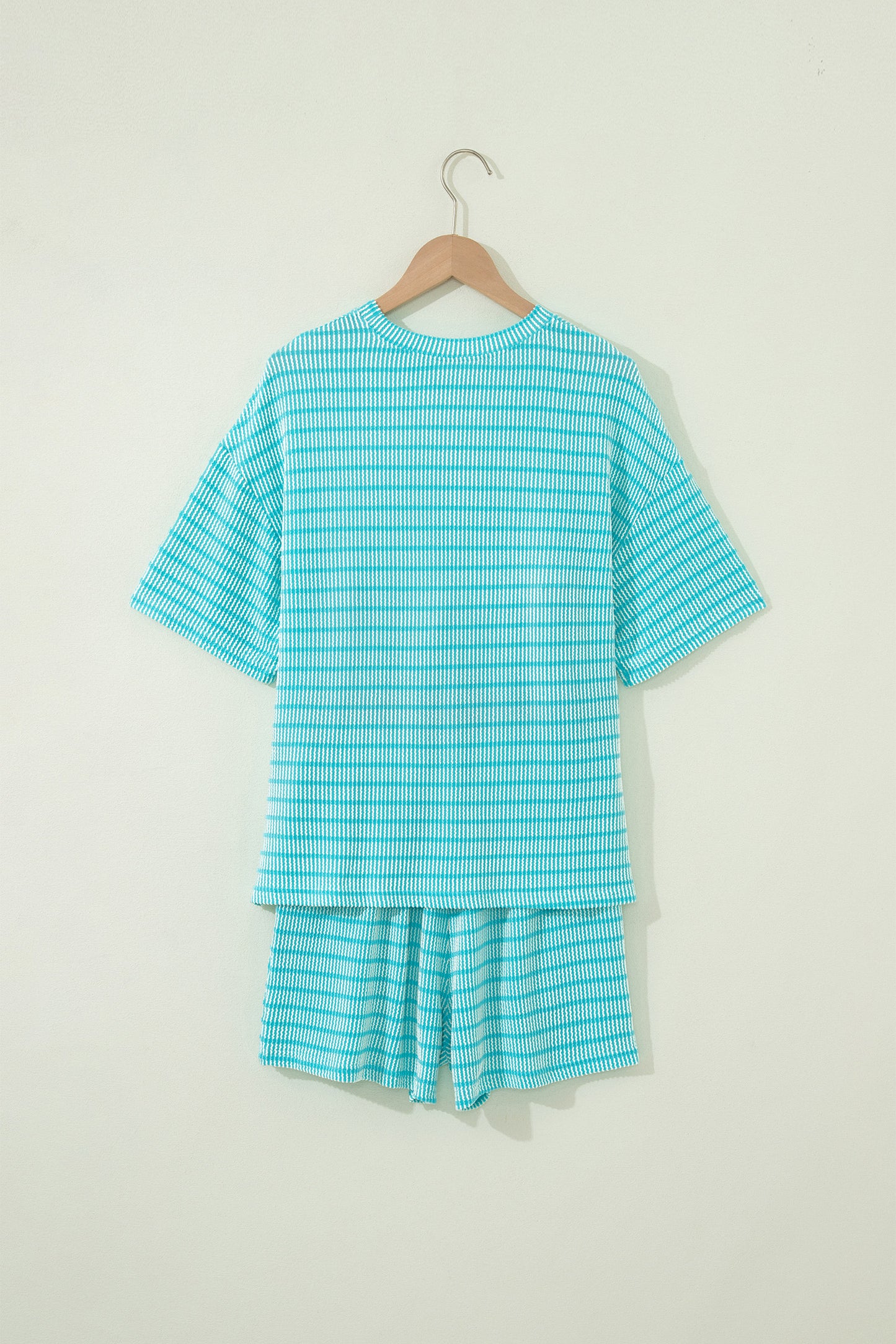 Rose Stripe Raised Rib Loose Tee Drawstring Elastic Waist 2pcs Short Set