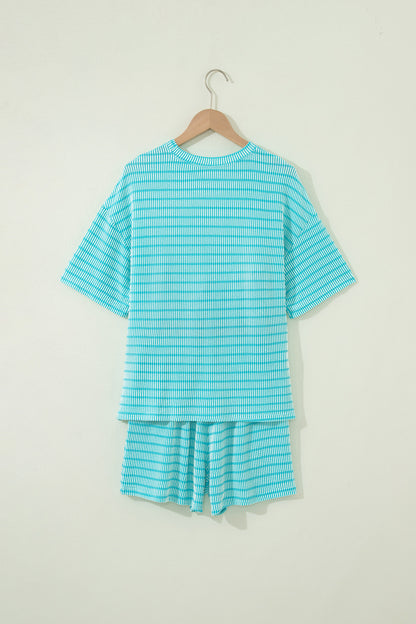 Rose Stripe Raised Rib Loose Tee Drawstring Elastic Waist 2pcs Short Set