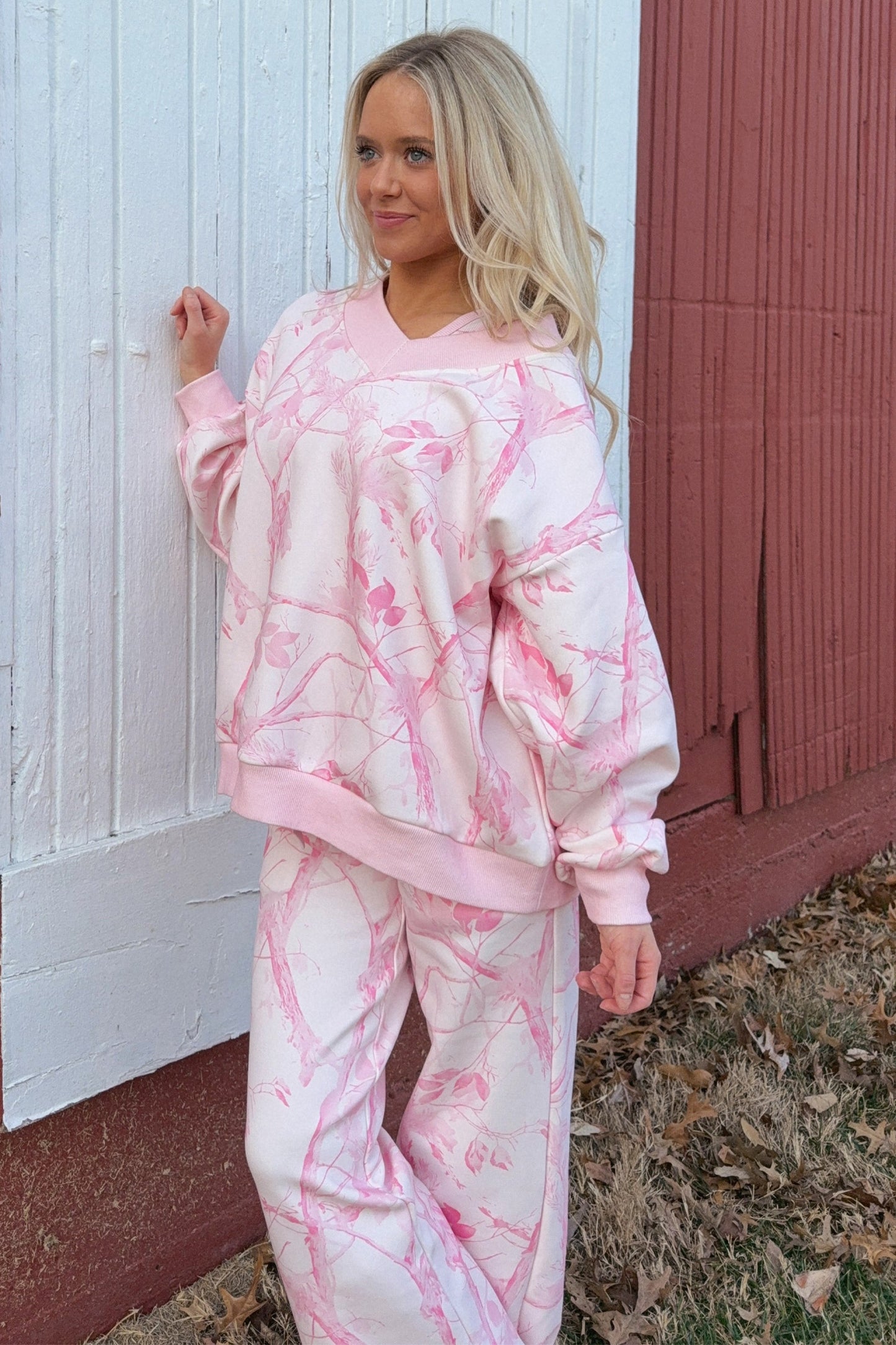 Pink Abstract Plant Print Long Sleeve V Neck Pant Set