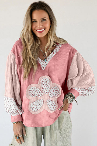 Pink Floral Patched Waffle Textured Colorblock V Neck Casual Hooded Top