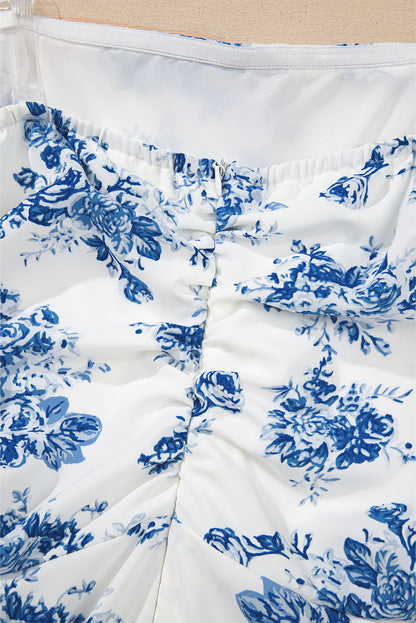 Sky Blue Floral Print Strapless Zipped Back Knot Waist Ruffled Romper