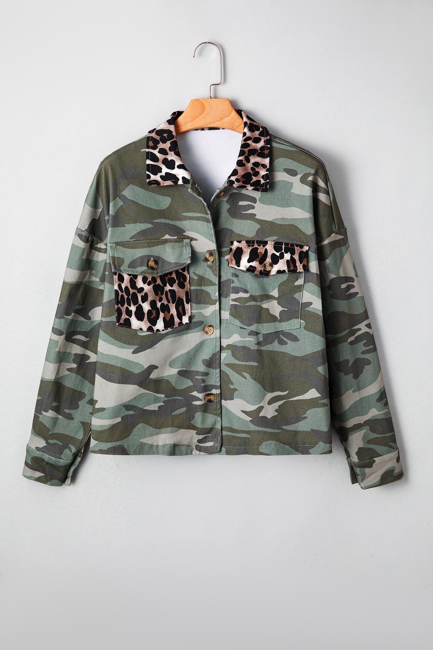 Green Camo Leopard Patchwork Flap Pocket Crop Jacket