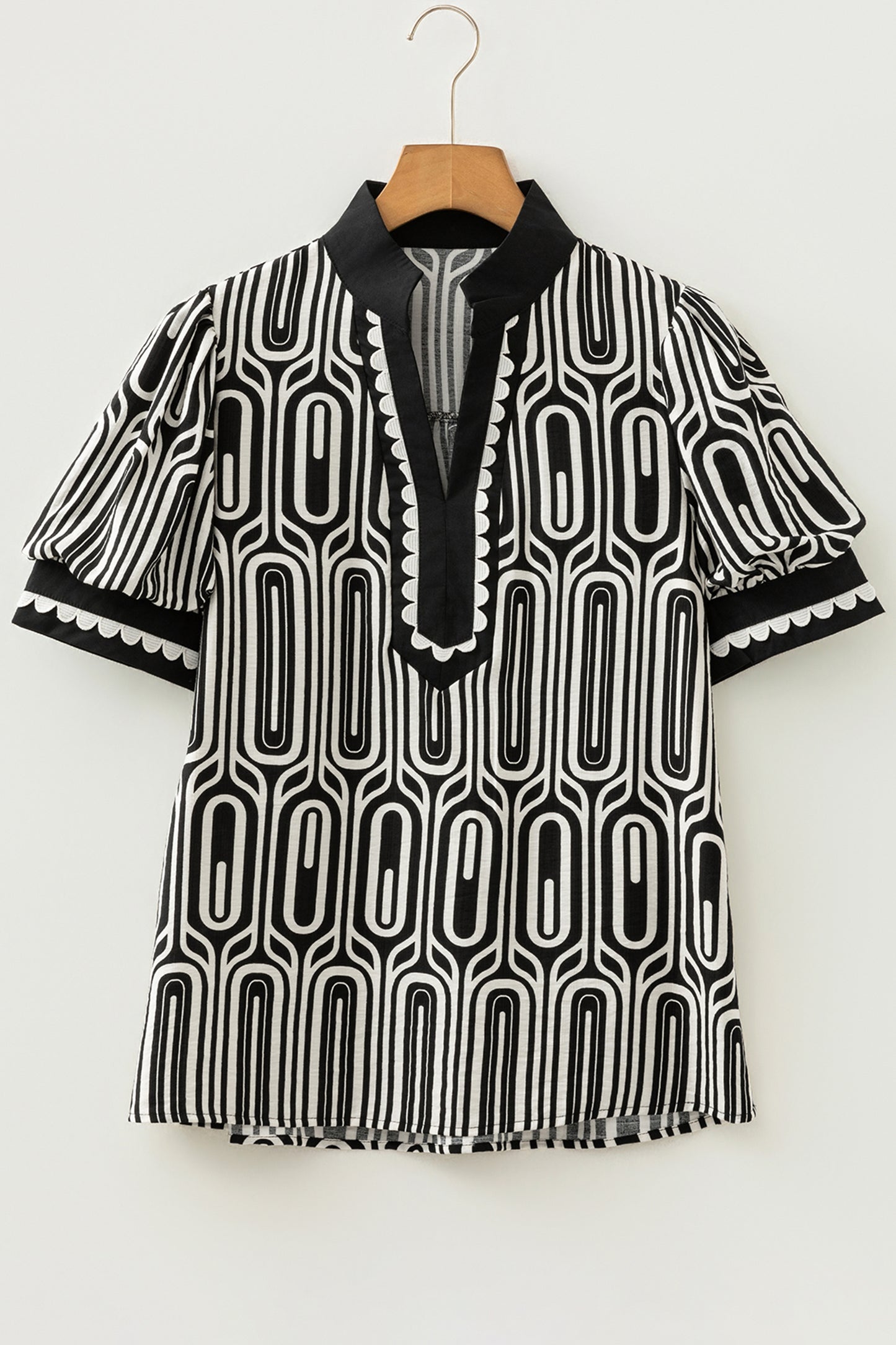 Black Geometric Print Contrast Scallop Color Block Patchwork Short Sleeve Blouse