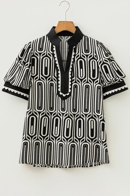 Black Geometric Print Contrast Scallop Color Block Patchwork Short Sleeve Blouse
