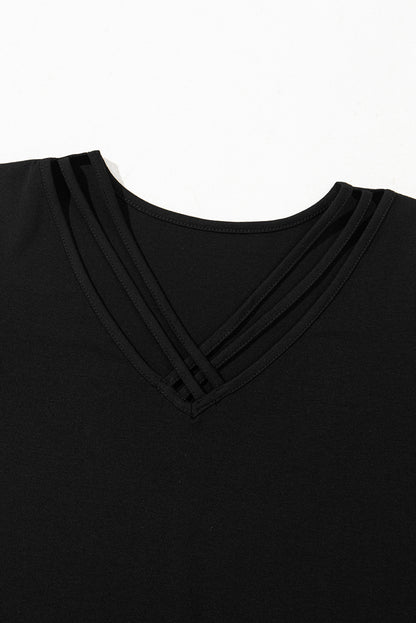 Black Crisscross V Neck Butterfly Sleeve T Shirt
