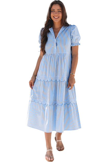 Sky Blue Stripe Bubble Short Sleeve Tiered Scallop Long Dress