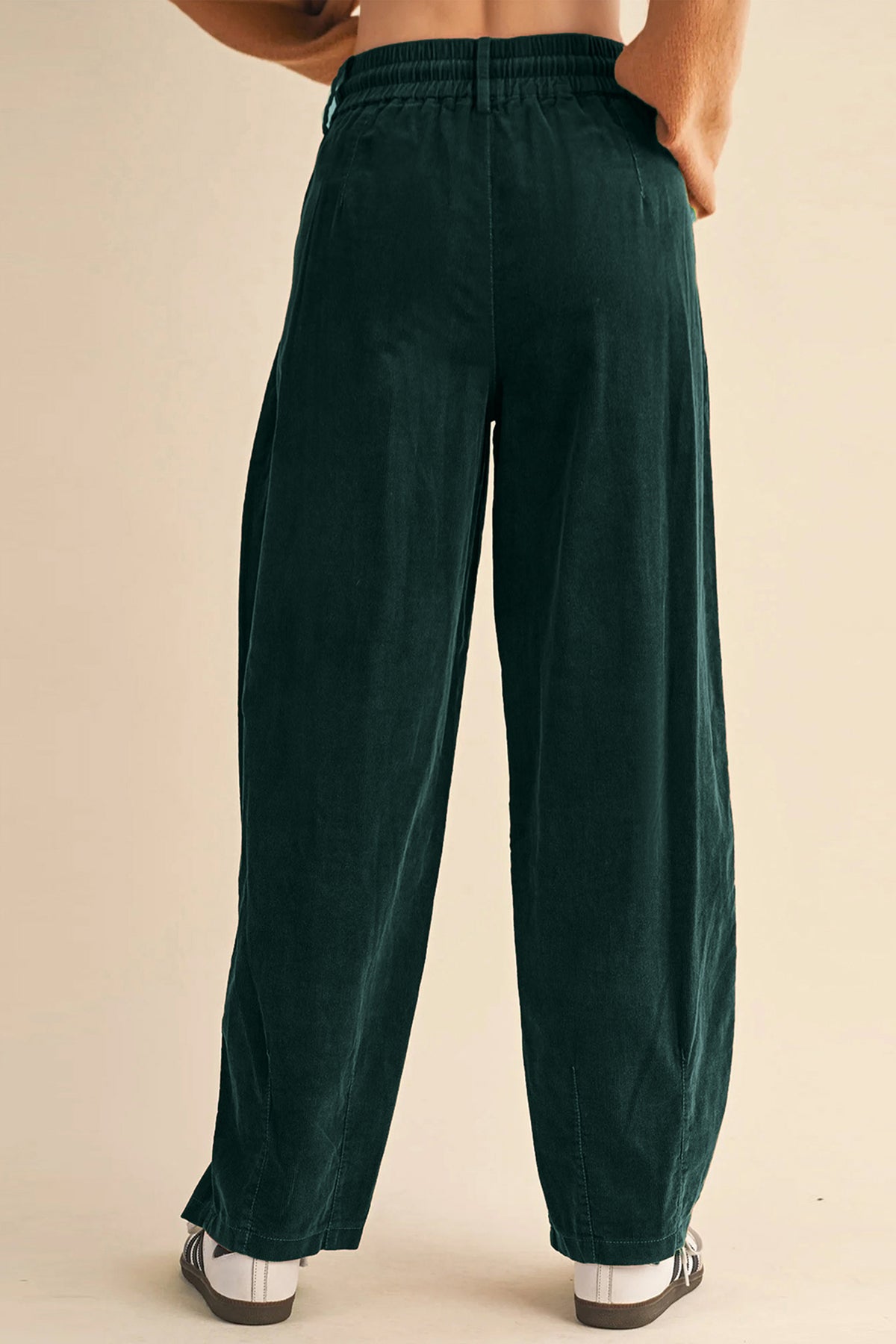 Blackish Green Elastic Waist Drawstring Corduroy Casual Pants