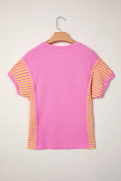 Bright Pink Waffle Textured Contrast Striped Patchwork Loose T Shirt