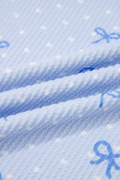 Sky Blue Valentines Bow Print Twisted Rib Loose Long Sleeve Top 2pcs Short Set