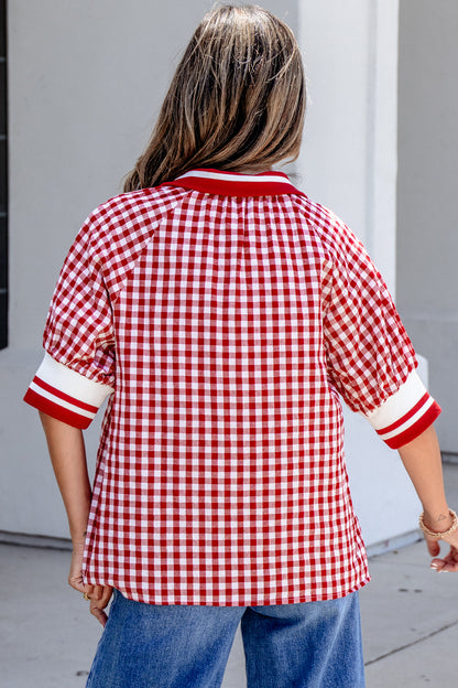 Red Gingham Striped Patchwork Half Zip Blouse