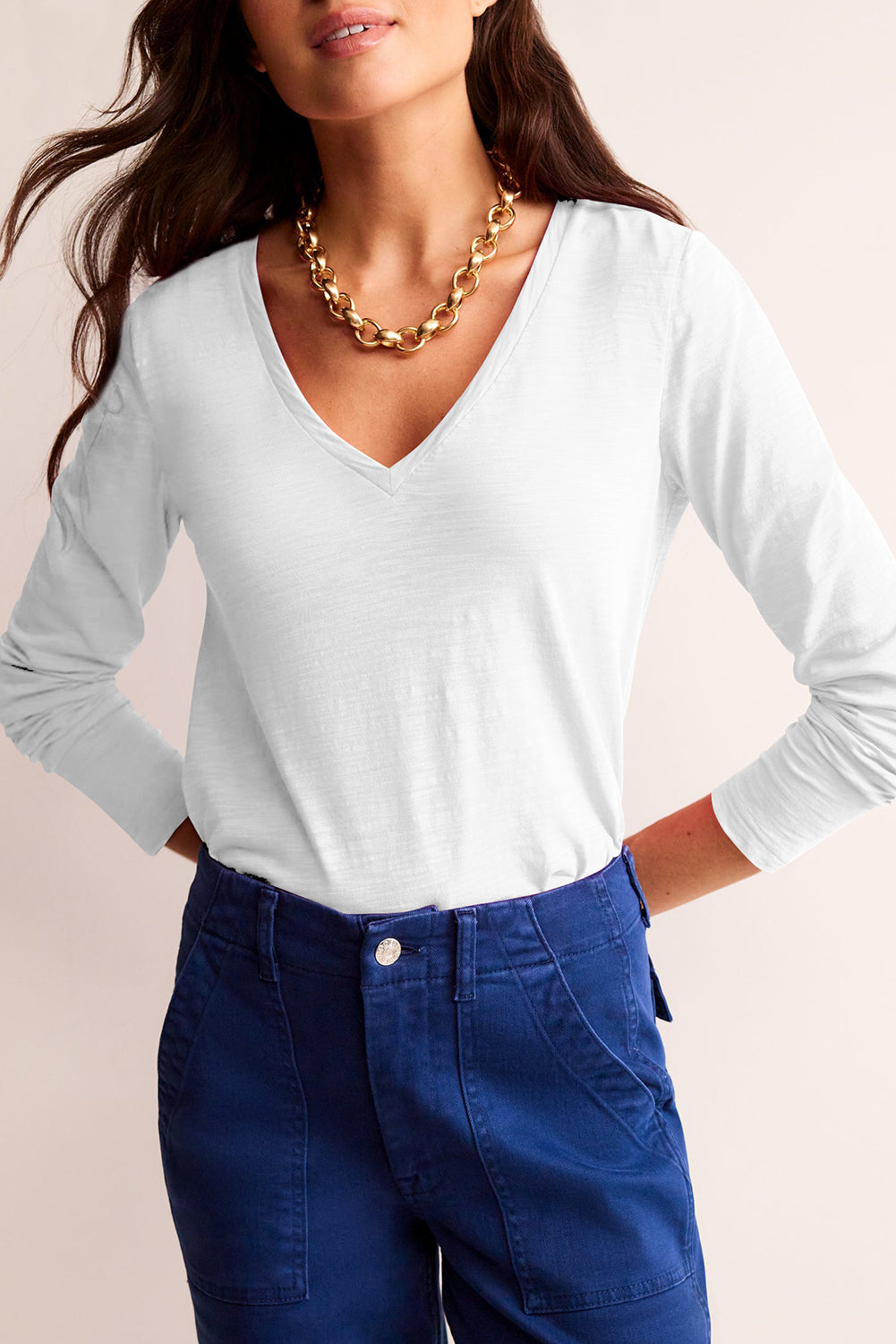 Black Solid Color V Neck Long Sleeve Stretchy Top