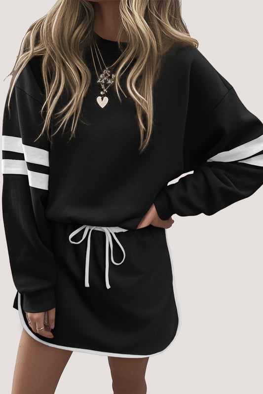 Evergreen Varsity Stripe Detail Drop Shoulder Pullover Mini Skirt Set