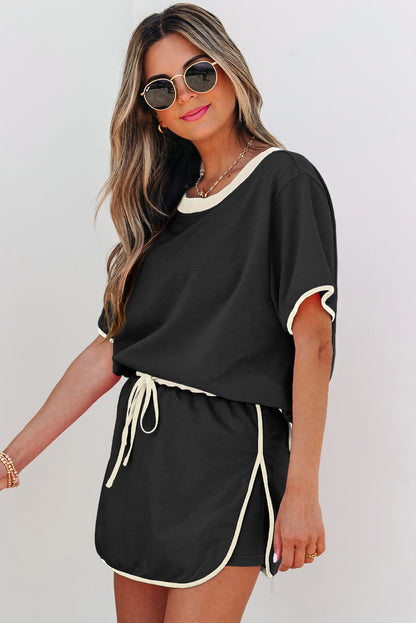 Rose Red Colorblock Edge Drop Shoulder T Shirt and Skort 2Pcs Set