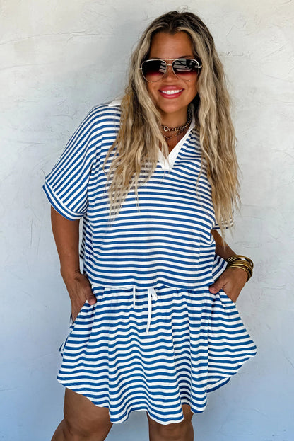 Blue Stripe Short Sleeve Collared V Neck Top Plus Size Skort Set