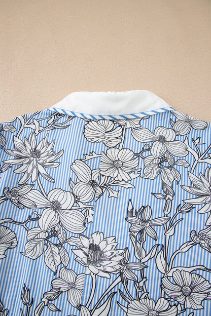 Sky Blue Floral Striped Printed Polo Collar Short Sleeve Blouse