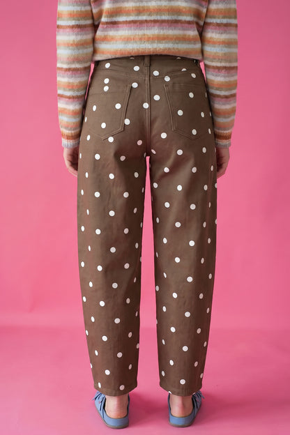 Brown Tailored Seam Polka Dot Print Barrel Casual Jeans