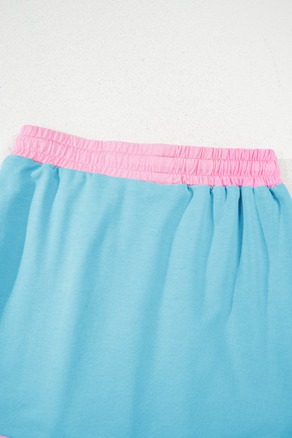 Turquoise Colorblock Edge Drop Shoulder T Shirt and Skirt 2Pcs Set