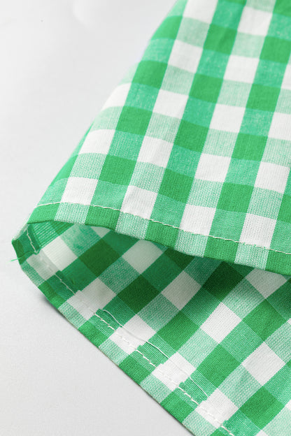 Green Gingham Plaid Bubble Sleeve Colorblock Trim V Neck Blouse
