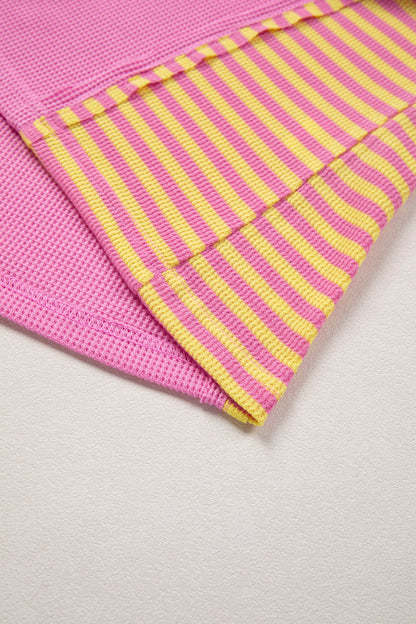 Bright Pink Waffle Textured Contrast Striped Patchwork Loose T Shirt