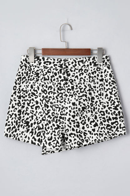 Brown Leopard Print Button Overlap Denim Shorts