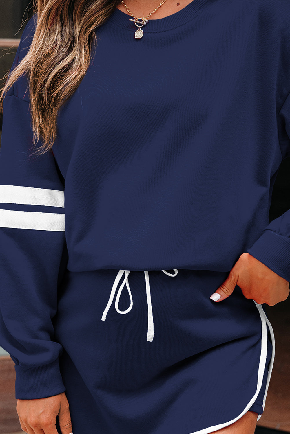 Evergreen Varsity Stripe Detail Drop Shoulder Pullover Mini Skirt Set