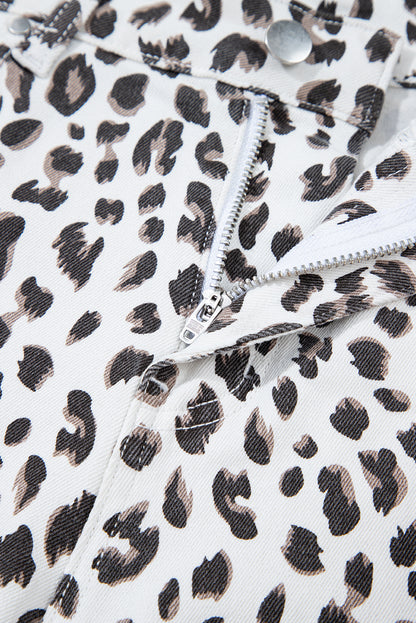White Leopard Frayed Hem Denim Shorts