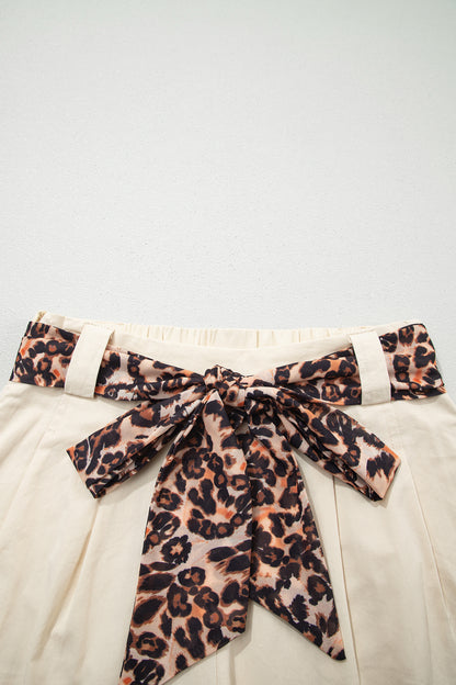 Bright Pink Leopard Contrast Sash Belt Pleated Wide Leg Shorts